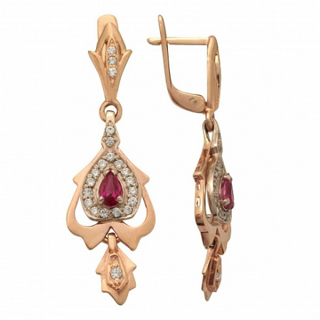 Серьги из красного золота с корундом и фианитом.